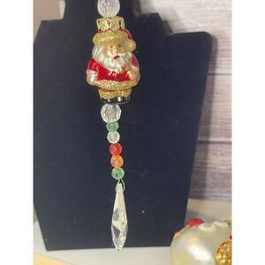 Set of 2 Glass Santa & Snowman Beaded Dangle‎ Ornaments 6" Tall Red White Green